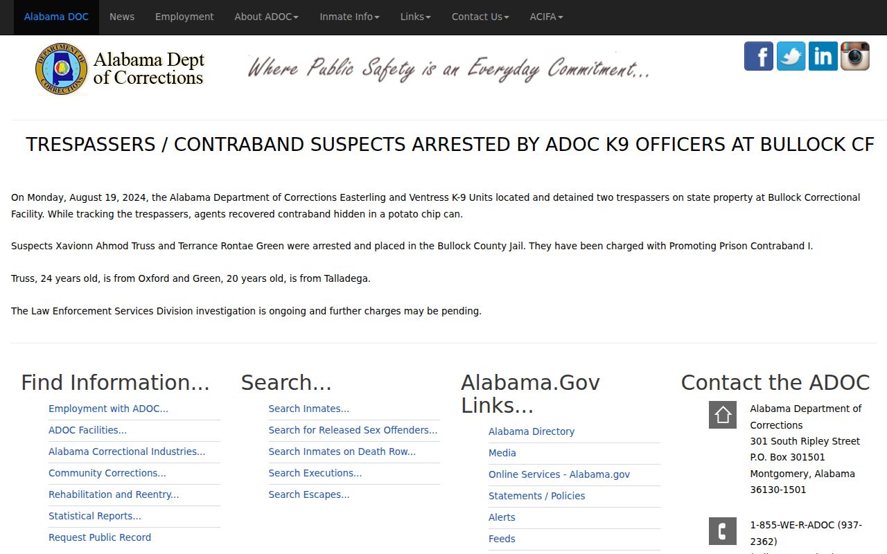 Official ADOC arrest release involving Bullock County state prison operations