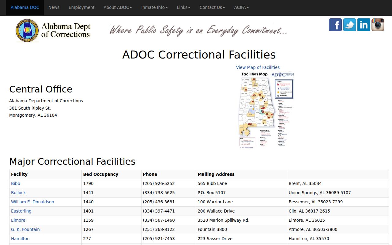 ADOC facility list distinguishing Bullock County arrest records from state prison custody