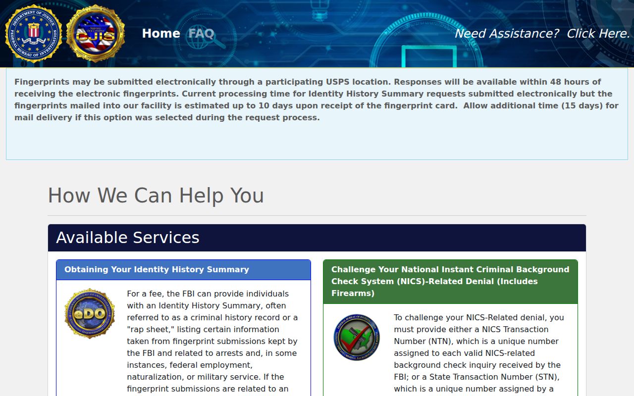 FBI identity history portal for a Bullock County record self-check